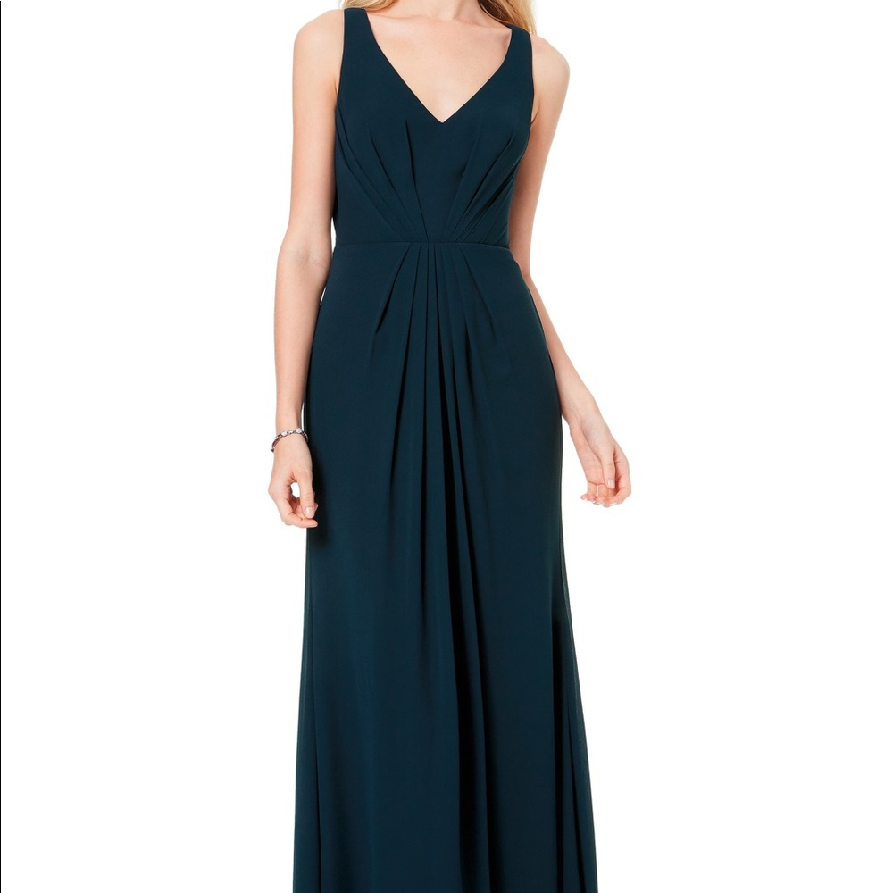 Floor length sleeveless navy bridesmaid dress